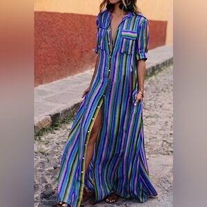 Striped Multicolor Bohemian Maxi Dress- Button Down